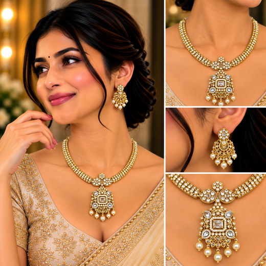 Matte finishing American Diamonds with Central White stone Short Kanti Necklace - Image 4