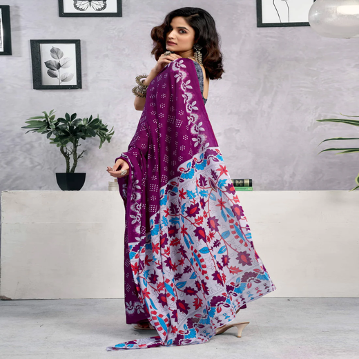 Ready To Wear Wine Cotton Printed Saree - Image 4