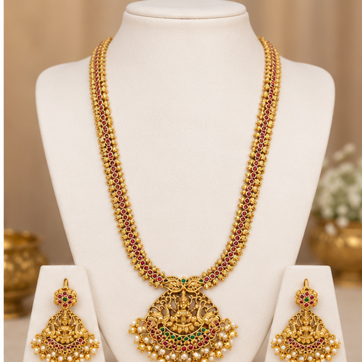 Matte finishing lord Lakshmi pendent with small stones long Haram