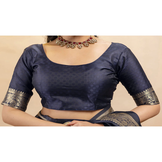 Navy Blue Silk Woven Banarasi Saree - Image 2