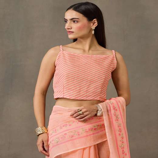 Peach Linen Printed Saree - Image 2
