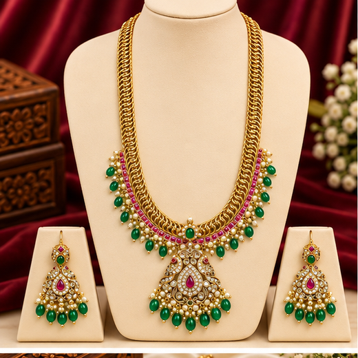 Matte finishing peacock design with Green beads Mango Long Haram