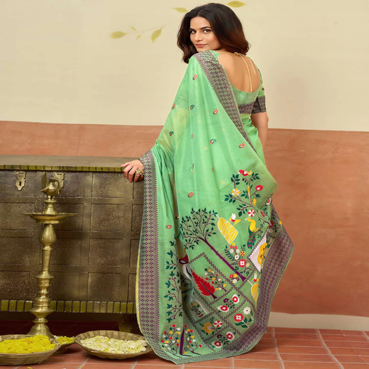 Light Green Chanderi Woven Saree - Image 4