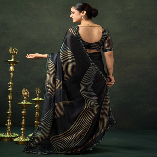 Black Organza Printed Swarovski Saree - Image 4