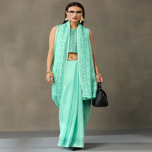 Light Mint Green Linen Printed Saree - Image 4