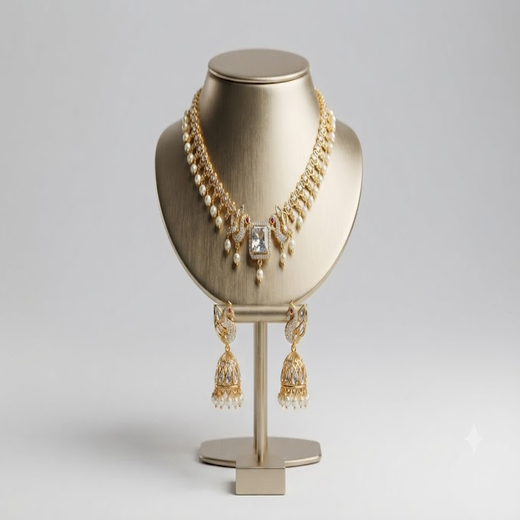Matte finishing Peacock design with white Stone pearls Short Necklace