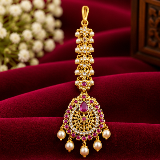 Matte Finishing Floral Pink Stones Maag Tikka