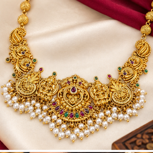 Matte Finishing With Lord Lakshmi With Multi Stones And White Drop Pearls short Necklace - Image 2