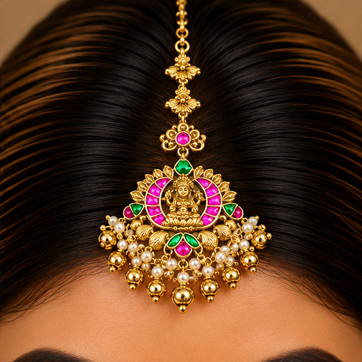 Jadau Kundan Finishing With Pink & Green Stones Lord Lakshmi Maang Tikka - Image 4