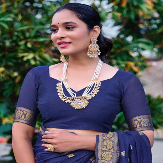 Navy Blue Chanderi Woven Saree - Image 2