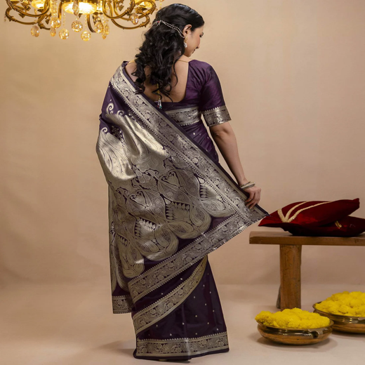 Dark Purple Silk Woven Banarasi Saree - Image 4