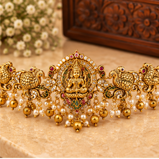 Matte Finishing Lord Lakshmi With AD Stones Peacock Design Chain Vaddanam - Image 2