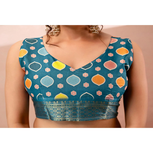 Teal Blue Silk Floral Printed Woven Border Saree - Image 2