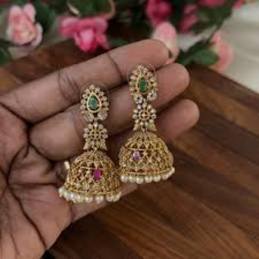 Matte Finishing American Diamonds With White Pearls Jhumkas Earring - Image 3
