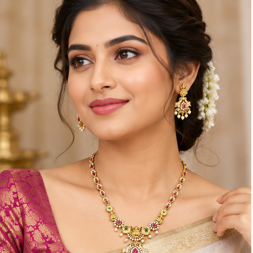 Matte finishing lord Lakshmi with pink stones and peacock finish Long haram - Image 2