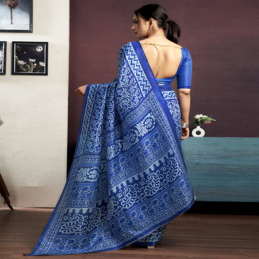 Indigo Cotton Blend Printed Saree - Image 4