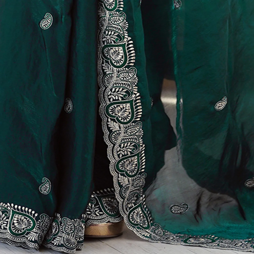 Green Tissue Silk Embroidery Saree - Image 3