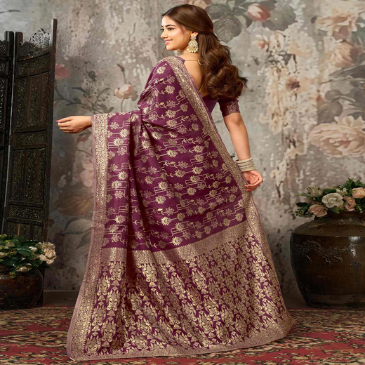 Magenta Silk Woven Banarasi Saree - Image 4