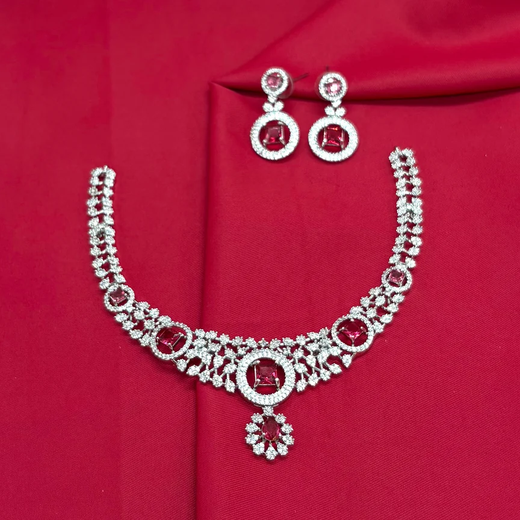Silver Polish White & Maroon AD Studded Short Necklace