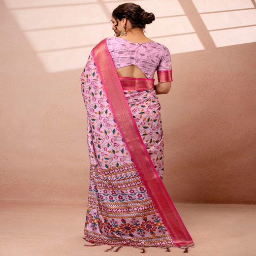Light Mauve Silk Kalamkari Printed Woven Border Saree - Image 4