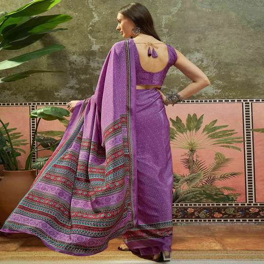 Lavender Crepe Silk Printed Saree - Image 4