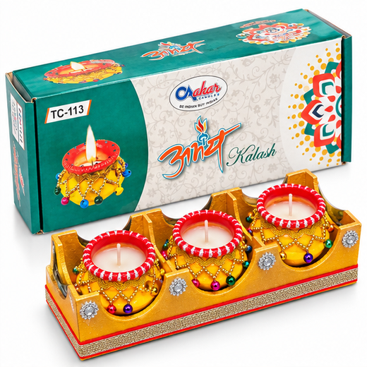 3pc Abhay Kalash Decorated Diya With Decorated Wooden Tray Gift Pack (TC-113) (Box Size: 10.5*4 Inch) 🕯️🎁 - Image 4
