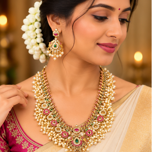 Matte finishing features intricate Kundan work pearl beads Long Harman - Image 2