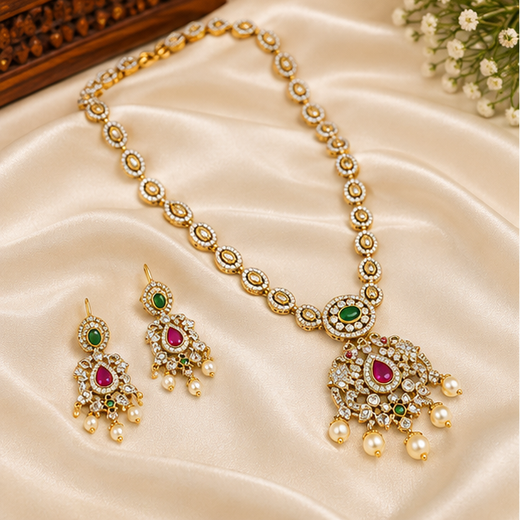 Matte finishing white stones pearls with Elephant design Long Haram - Image 3