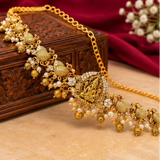 Matte Finishing Lord Lakshmi AD Stones With Peacock Design Chain Vaddanam - Image 3