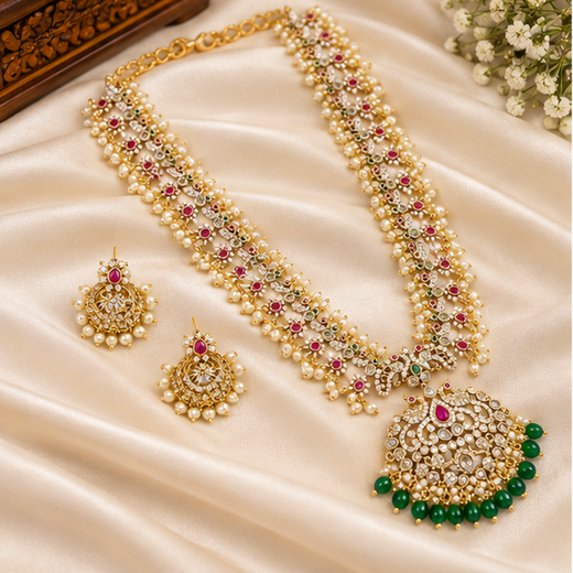 Matte finishing White pearls with Green & pink stones peacock designe finish pendent Long Haram Necklace - Image 3