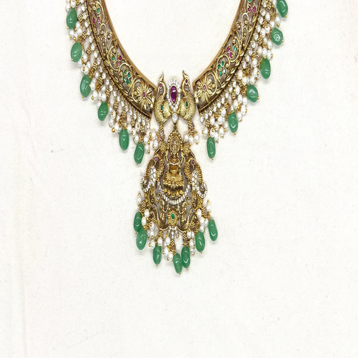 Nakshi finishing floral design with Lord Lakshmi pendant Green Beads Short Necklace - Image 2