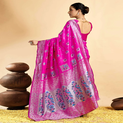 Bright Rani Pink Silk Woven Paithani Saree - Image 4