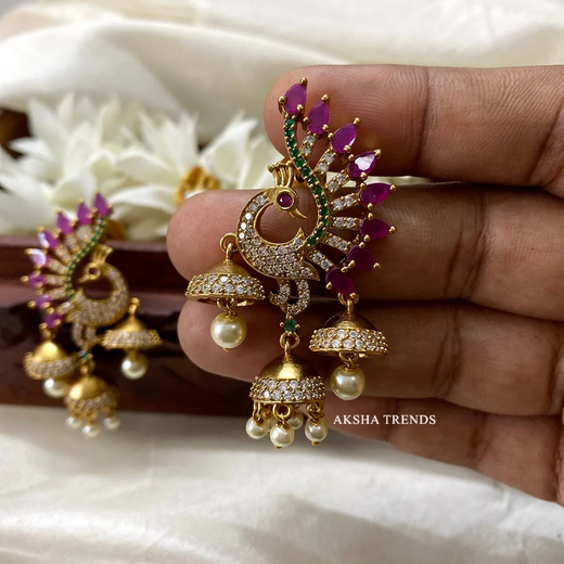 Ruby Emerald Peacock Jhumkas - Image 3
